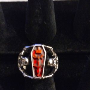 Silver & Red Gothic Coffin Skeleton Death Ring